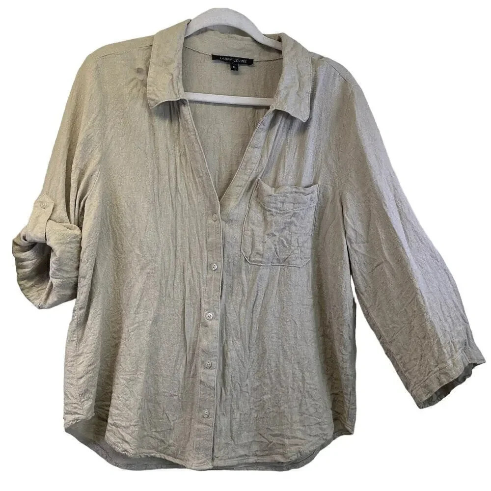 Larry Levine Womens Size XL Khaki Linen Blend  Roll-up Tab Sleeves